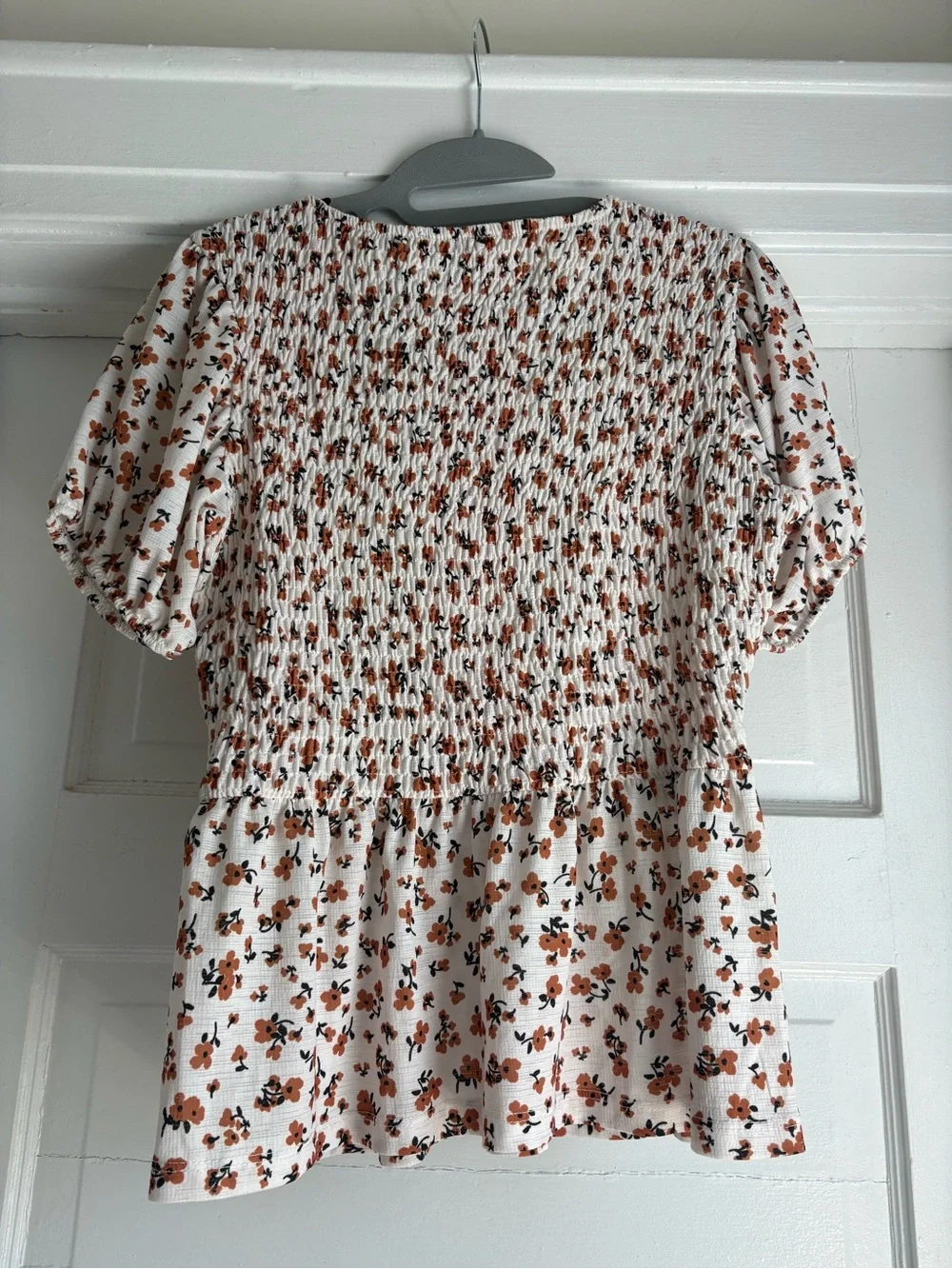 Zara Floral Smocked Peplum Top - White with Rust Floral